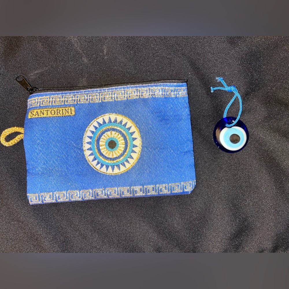 Blue Santorini Pouch and evil eye: authentic